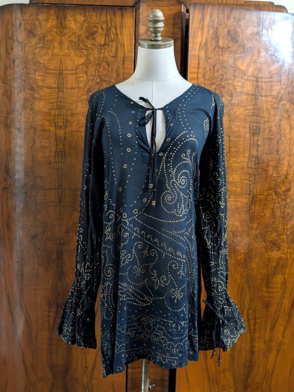 VTG Roberto Cavalli Freedom Cotton Tunic 14 EU46 Dotted Motif Metallic Blue Gold